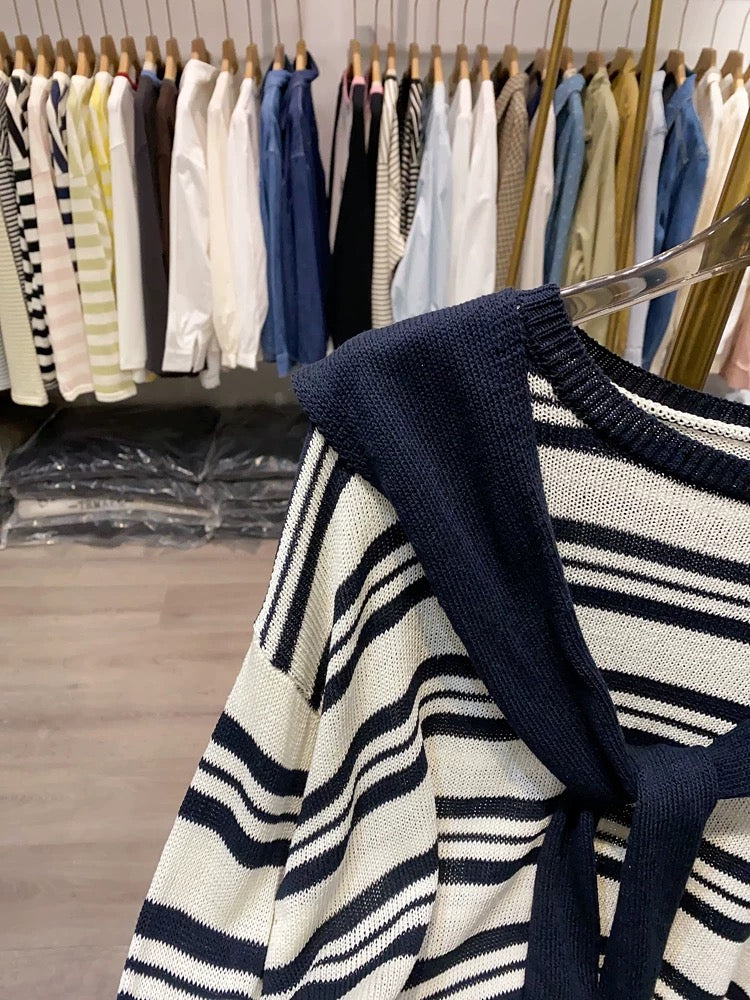[Xiao Ai stall real shot] Early spring striped shawl sweater women's 2025 new retro loose top