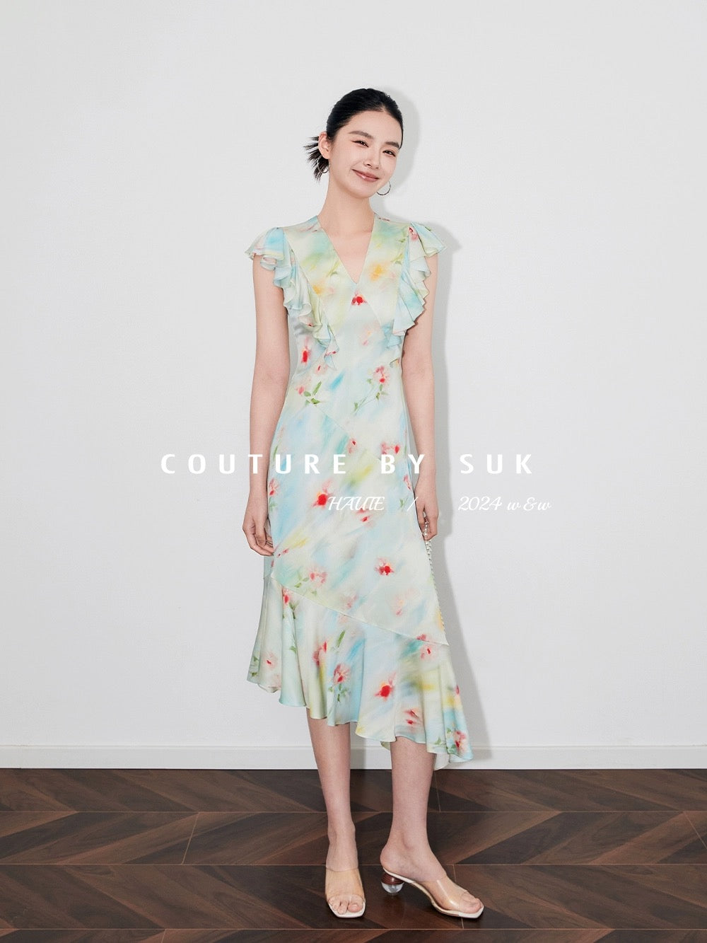 SUK The clear water is shining! Silk mulberry silk smudged ruffled small flying sleeve dress for women to slim down