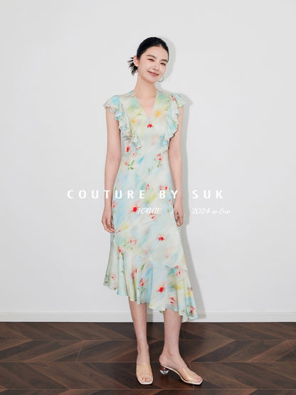 SUK The clear water is shining! Silk mulberry silk smudged ruffled small flying sleeve dress for women to slim down