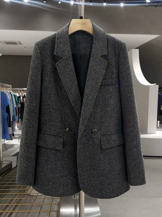 Dark gray retro high-end woolen suit jacket for women, new autumn and winter 2025 style, British fashion formal suit.