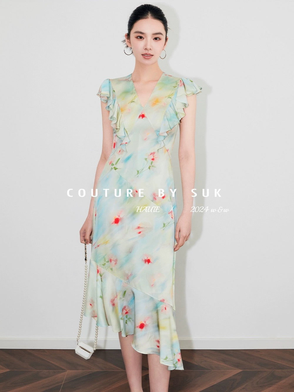 SUK The clear water is shining! Silk mulberry silk smudged ruffled small flying sleeve dress for women to slim down