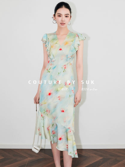 SUK The clear water is shining! Silk mulberry silk smudged ruffled small flying sleeve dress for women to slim down