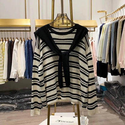 [Xiao Ai stall real shot] Early spring striped shawl sweater women's 2025 new retro loose top