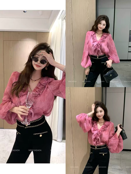 Lida NEWDADADA [Raspberry Pink Puff-Sleeve Shirt] – A stylish, chic, and sophisticated tie-front blouse with a unique design.