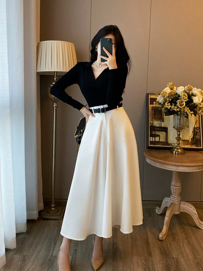 Xiaoxiangfeng two-piece suit for women in autumn and winter new fashionable and high-end bottoming dress with temperament high waist long skirt