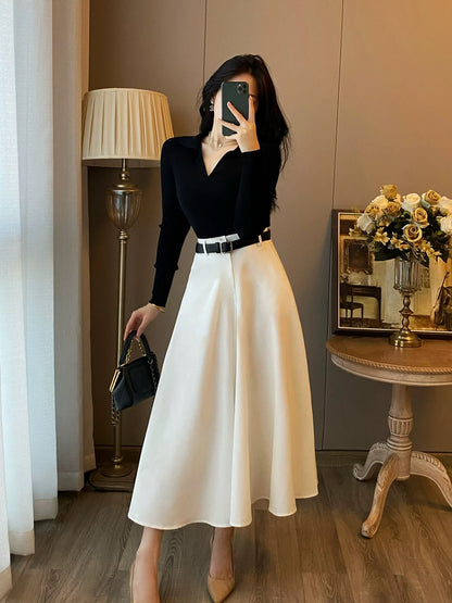 Xiaoxiangfeng two-piece suit for women in autumn and winter new fashionable and high-end bottoming dress with temperament high waist long skirt
