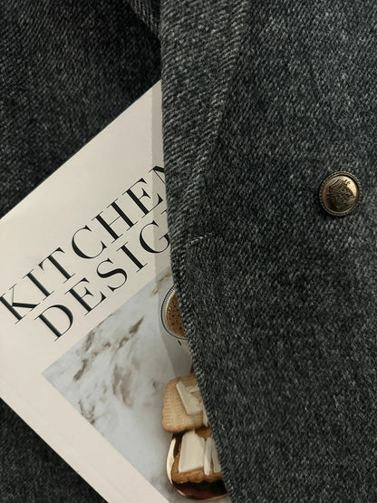 Dark gray retro high-end woolen suit jacket for women, new autumn and winter 2025 style, British fashion formal suit.
