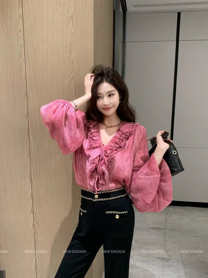 Lida NEWDADADA [Raspberry Pink Puff-Sleeve Shirt] – A stylish, chic, and sophisticated tie-front blouse with a unique design.