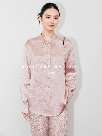 SUK new Chinese style old money style new acetic acid handmade two-piece set custom buttoned shirt top + trousers set