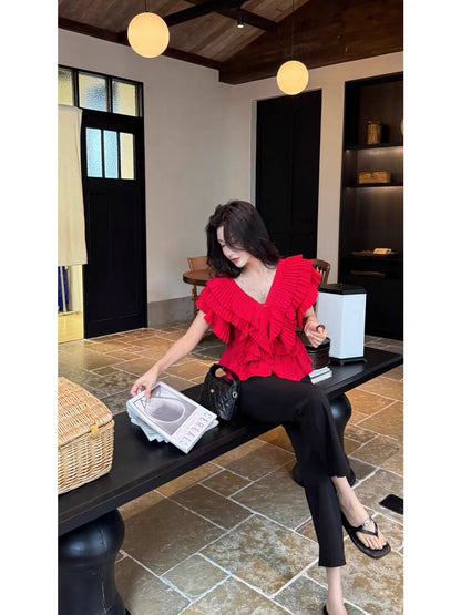Lida NEW DADADA "Evening Narrative" – Red Ruffled V-Neck Short-Sleeve Top (Waist-Cinching, Slimming, Elegant Style)