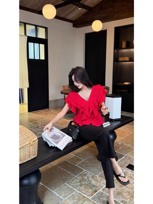 Lida NEW DADADA "Evening Narrative" – Red Ruffled V-Neck Short-Sleeve Top (Waist-Cinching, Slimming, Elegant Style)