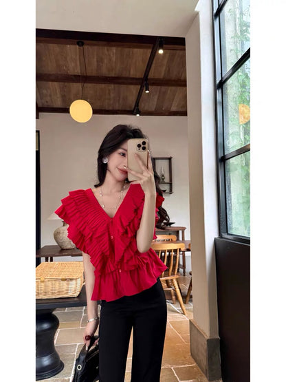 Lida NEW DADADA "Evening Narrative" – Red Ruffled V-Neck Short-Sleeve Top (Waist-Cinching, Slimming, Elegant Style)
