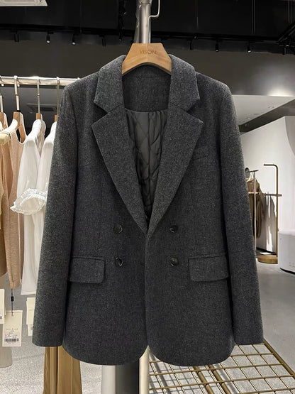 Grey quilted woolen suit jacket for women, new autumn and winter style, British and Korean style, casual and slimming.