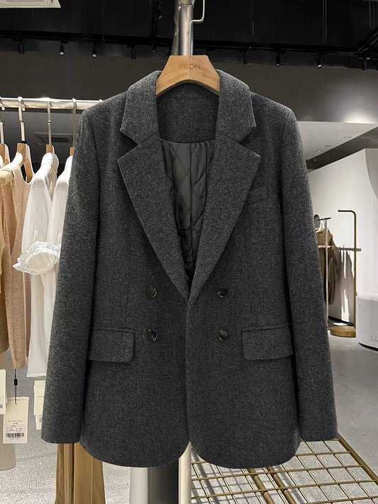 Grey quilted woolen suit jacket for women, new autumn and winter style, British and Korean style, casual and slimming.