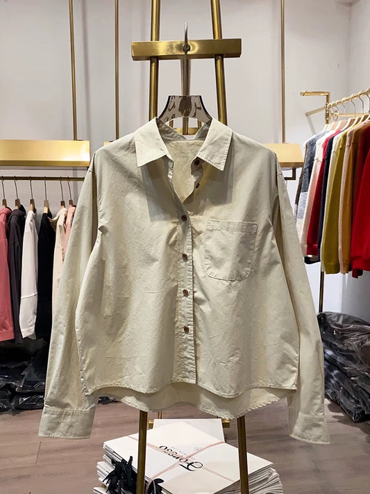 [Xiao Ai's stall real shot] Western-style lapel solid color single-breasted shirt women's spring and autumn short loose long-sleeved top