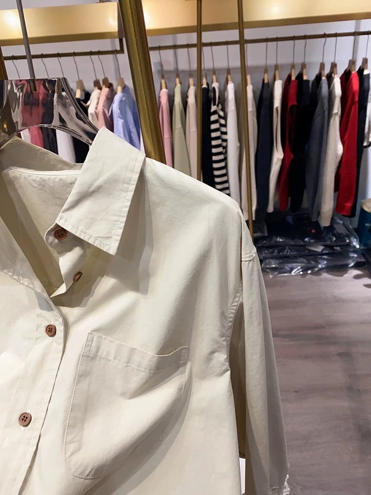 [Xiao Ai's stall real shot] Western-style lapel solid color single-breasted shirt women's spring and autumn short loose long-sleeved top