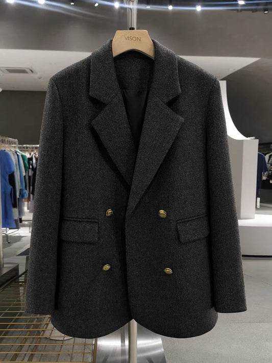 Dark gray twill down-lined woolen suit jacket for women, 2025 new winter style, high-end and fashionable suit.