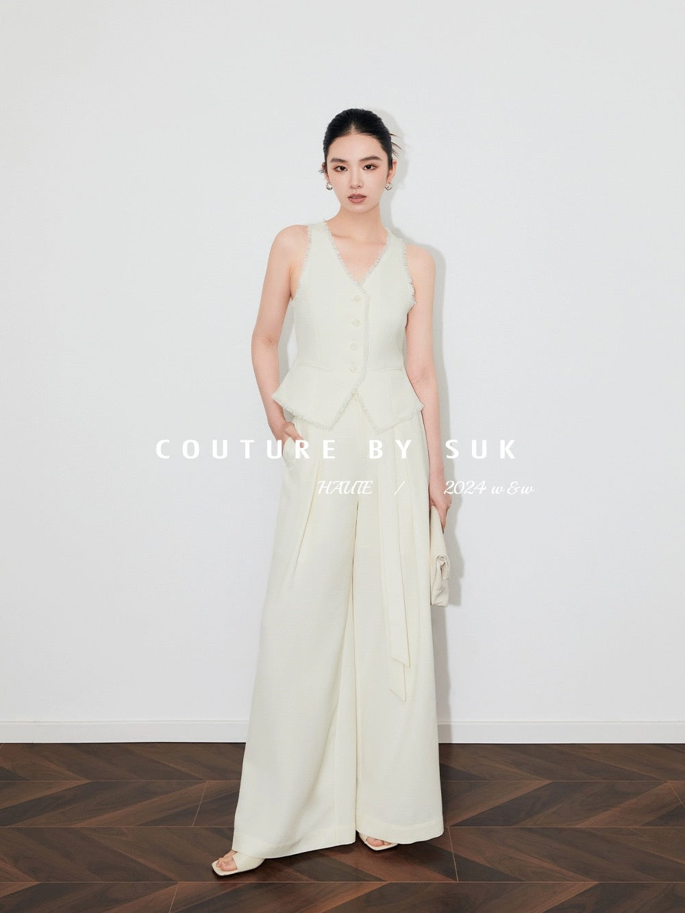 SUK light luxury texture! Xiaoxiangfeng handmade fringed V-neck vest + belt design wide-leg pants suit for women