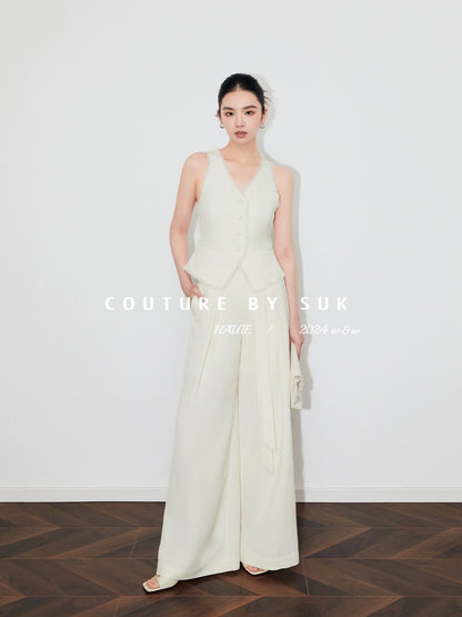 SUK light luxury texture! Xiaoxiangfeng handmade fringed V-neck vest + belt design wide-leg pants suit for women