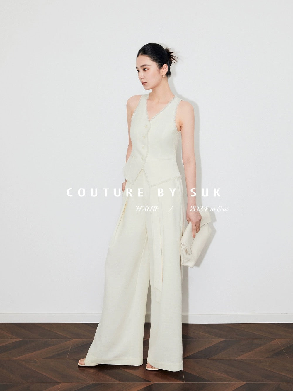 SUK light luxury texture! Xiaoxiangfeng handmade fringed V-neck vest + belt design wide-leg pants suit for women