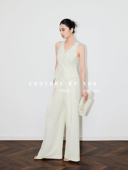 SUK light luxury texture! Xiaoxiangfeng handmade fringed V-neck vest + belt design wide-leg pants suit for women
