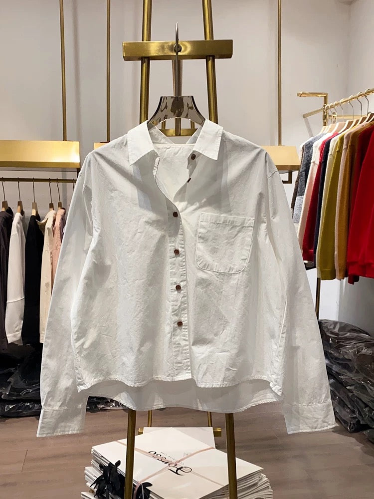 [Xiao Ai's stall real shot] Western-style lapel solid color single-breasted shirt women's spring and autumn short loose long-sleeved top