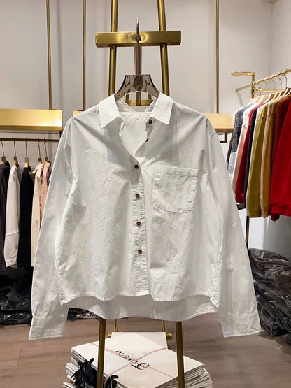 [Xiao Ai's stall real shot] Western-style lapel solid color single-breasted shirt women's spring and autumn short loose long-sleeved top