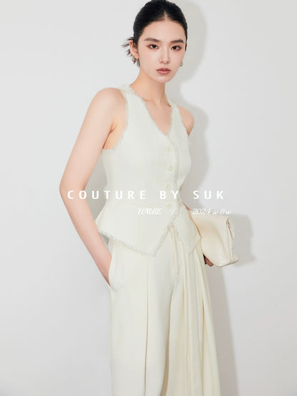 SUK light luxury texture! Xiaoxiangfeng handmade fringed V-neck vest + belt design wide-leg pants suit for women
