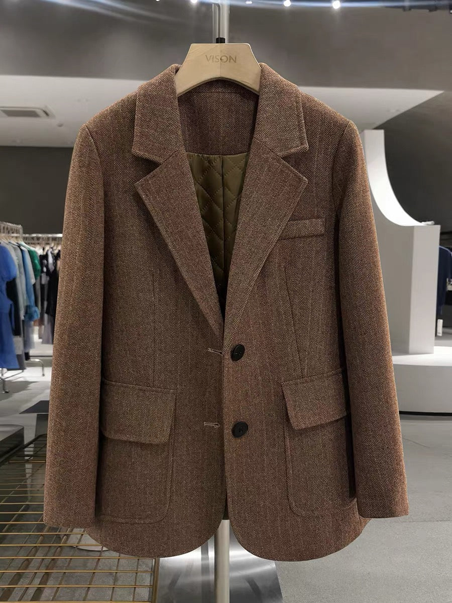 Brown retro Hong Kong style British style woolen suit jacket for women, 2025 new autumn and winter style, quilted inner blazer