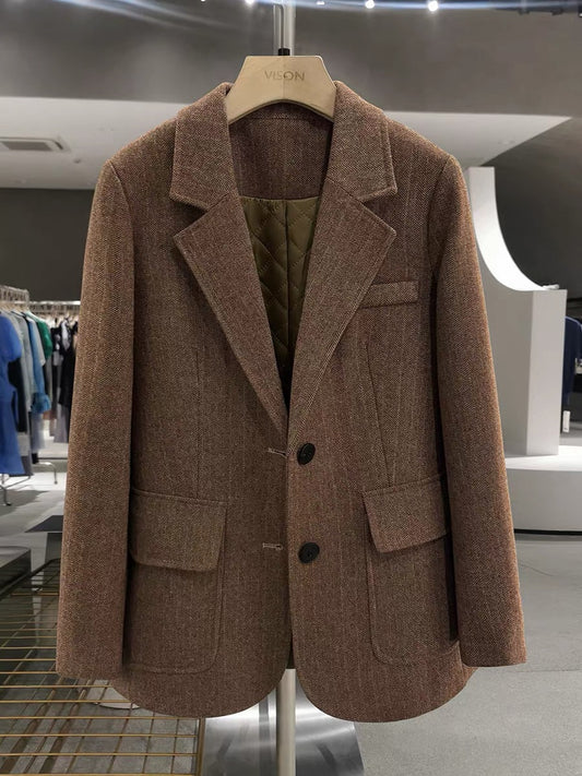 Brown retro Hong Kong style British style woolen suit jacket for women, 2025 new autumn and winter style, quilted inner blazer