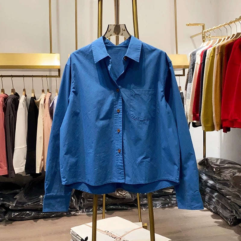 [Xiao Ai's stall real shot] Western-style lapel solid color single-breasted shirt women's spring and autumn short loose long-sleeved top
