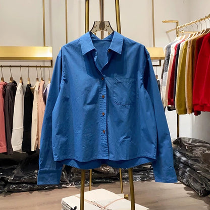 [Xiao Ai's stall real shot] Western-style lapel solid color single-breasted shirt women's spring and autumn short loose long-sleeved top
