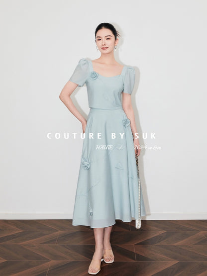 SUK Alice in Dreamland! Three-dimensional flower design short top + high waist umbrella skirt suit French gentle style