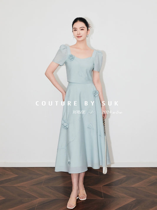 SUK Alice in Dreamland! Three-dimensional flower design short top + high waist umbrella skirt suit French gentle style