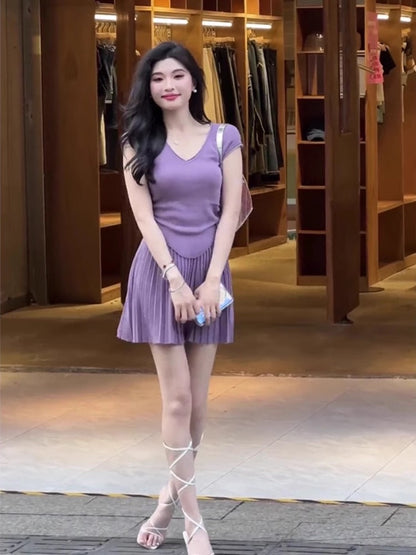 This year's popular beautiful suit skirt summer wear with a complete set of Korean style royal sister temperament goddess style purple two-piece suit