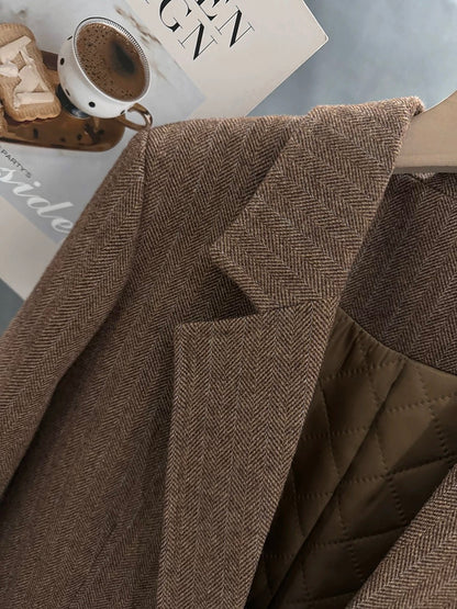 Brown retro Hong Kong style British style woolen suit jacket for women, 2025 new autumn and winter style, quilted inner blazer
