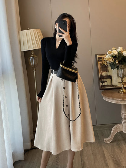 Two-piece suit for women in winter, new style, fashionable French retro bottoming velvet dress, temperament, slimming long skirt