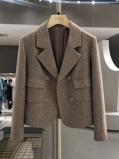 Brown herringbone wool blazer for women, 2025 new autumn and winter style, petite and preppy.