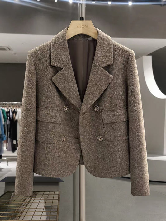 Brown herringbone wool blazer for women, 2025 new autumn and winter style, petite and preppy.