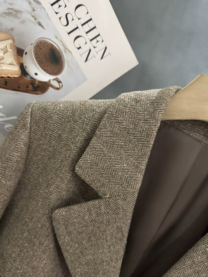 Brown herringbone wool blazer for women, 2025 new autumn and winter style, petite and preppy.