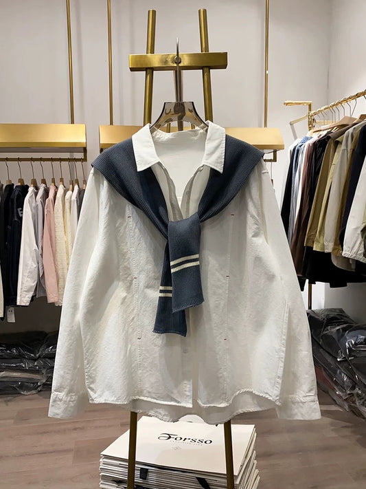 [Xiao Ai's stall real shot] Spring new loose shirt women's knitted shawl fashionable two-piece shirt top