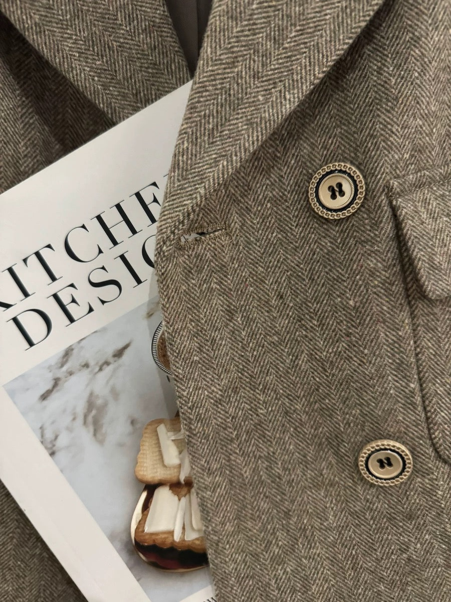 Brown herringbone wool blazer for women, 2025 new autumn and winter style, petite and preppy.