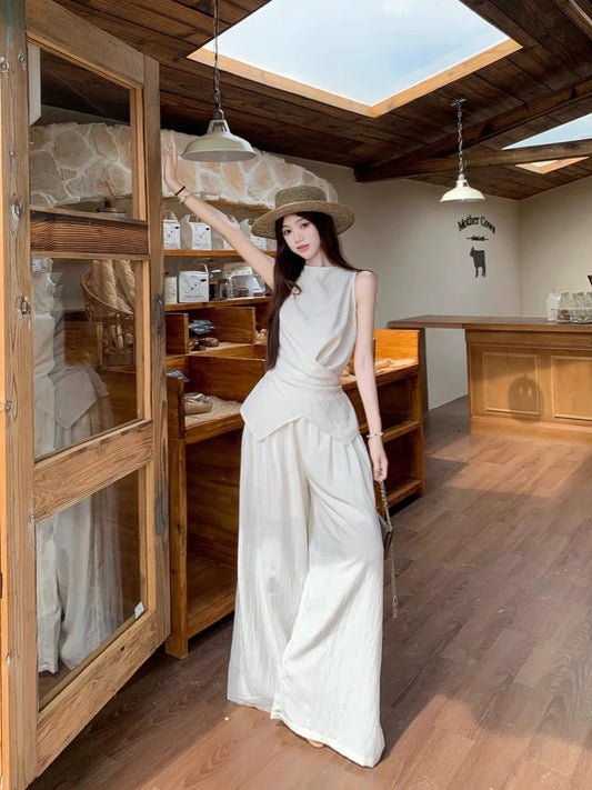 Fashion temperament suit design niche cross waist round neck vest women summer loose casual pants two-piece suit