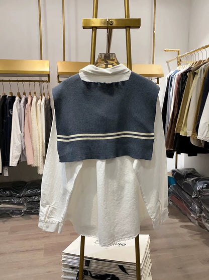 [Xiao Ai's stall real shot] Spring new loose shirt women's knitted shawl fashionable two-piece shirt top