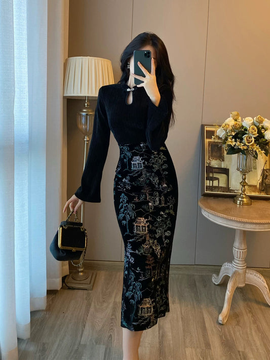 New Chinese style national style black velvet embroidered cheongsam dress for women autumn and winter new temperament slim hip-covering long skirt