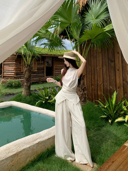 Fashion temperament suit design niche cross waist round neck vest women summer loose casual pants two-piece suit