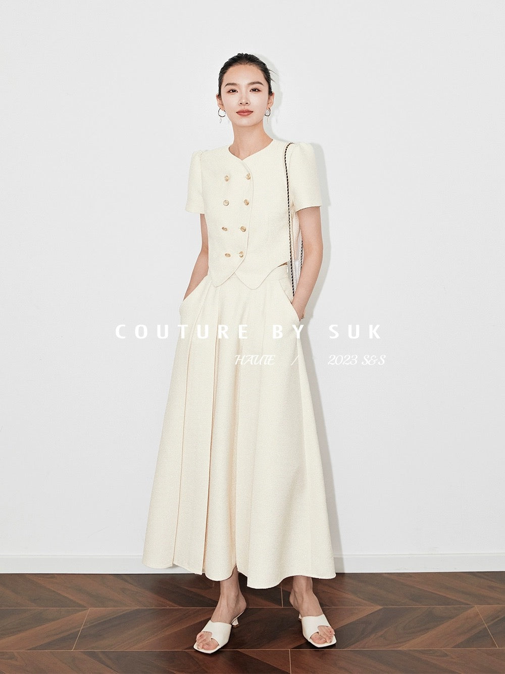 SUK Milan travel diary! Short fragrant style large swing umbrella skirt suit round neck women's puff sleeves high waist