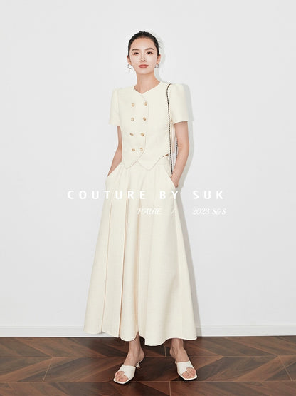 SUK Milan travel diary! Short fragrant style large swing umbrella skirt suit round neck women's puff sleeves high waist