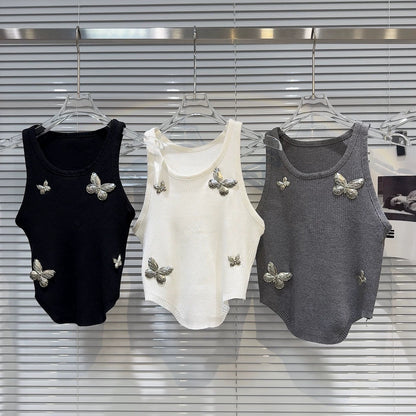 Internet celebrity style 2025 summer new style niche personality sweet and spicy metal big butterfly design knitted camisole vest