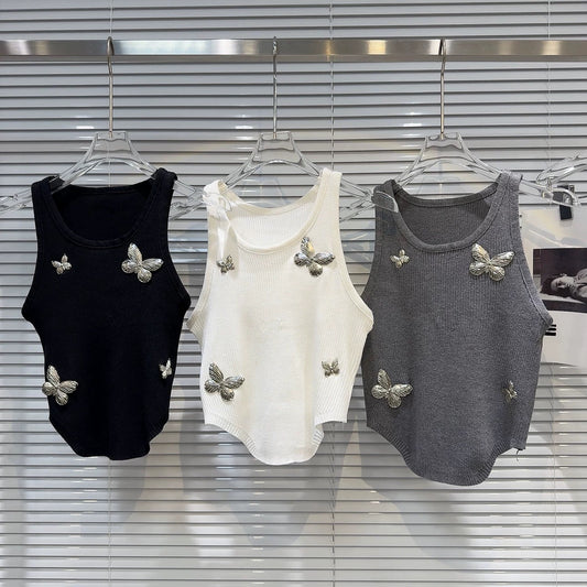 Internet celebrity style 2025 summer new style niche personality sweet and spicy metal big butterfly design knitted camisole vest